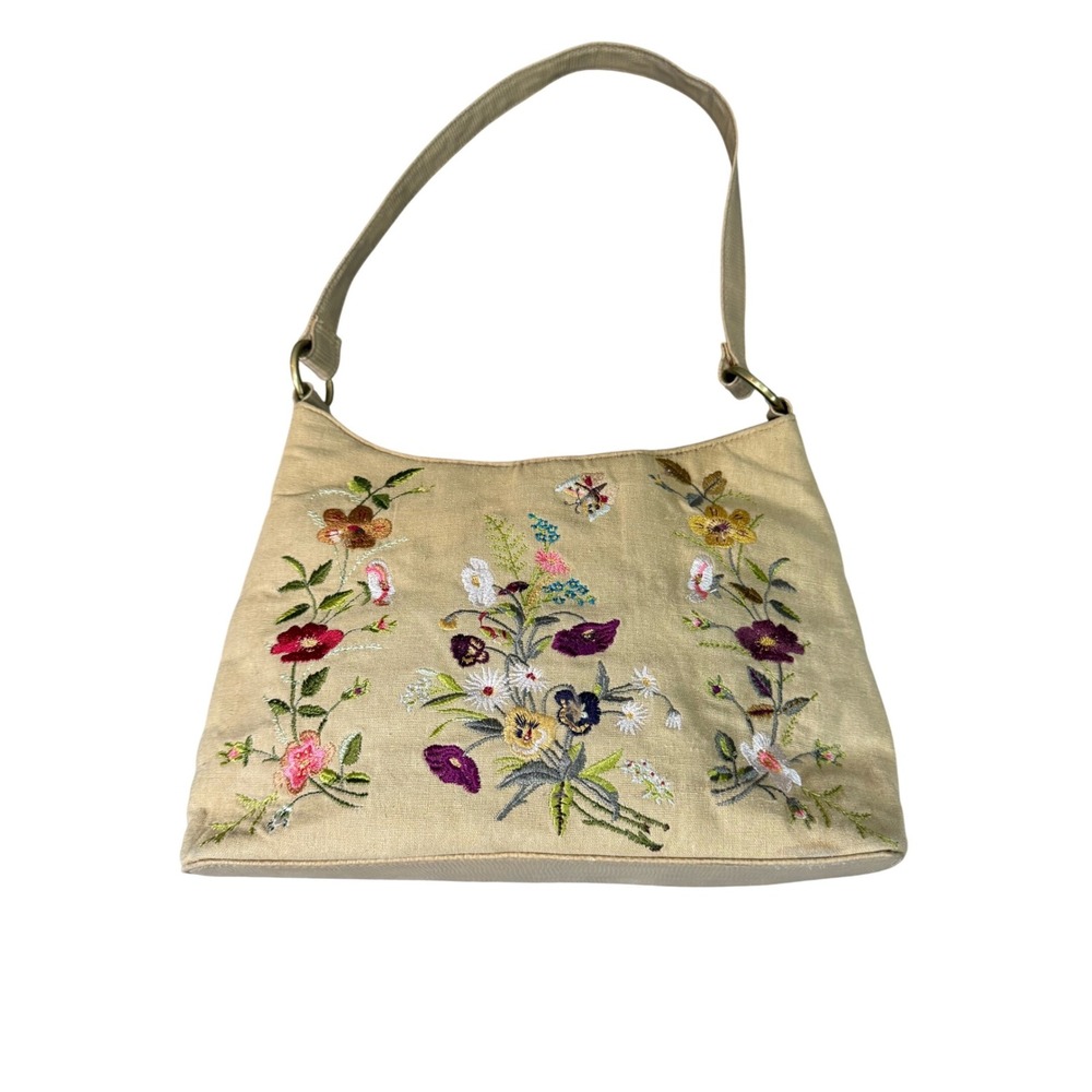 Bueno‎ Floral Embroidered Canvas Shoulder Bag Tan Lizard Emboss Trim Cottagecore